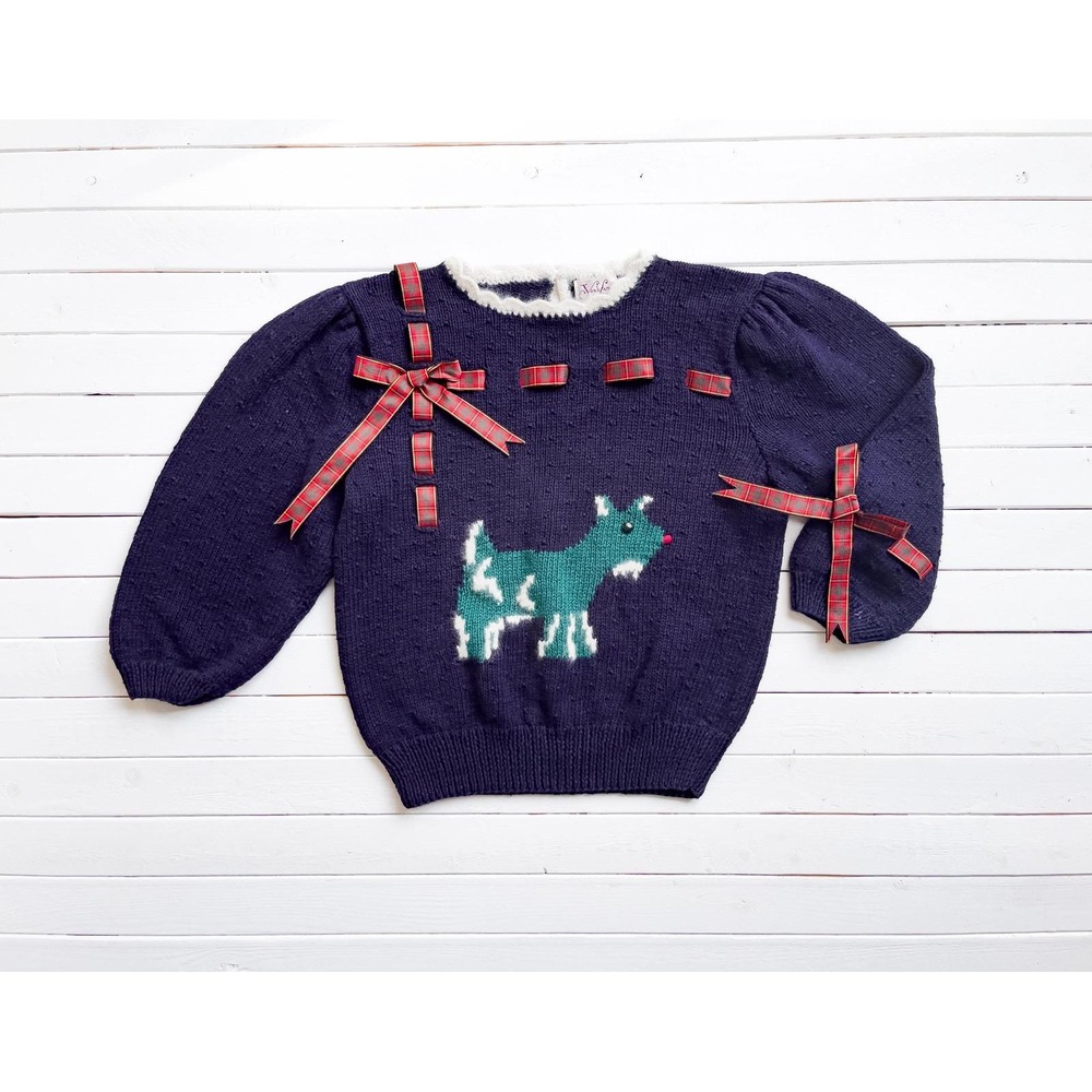 cottagecore sweater 80s 90s vintage Scottish terrier dog hand knit sweater
